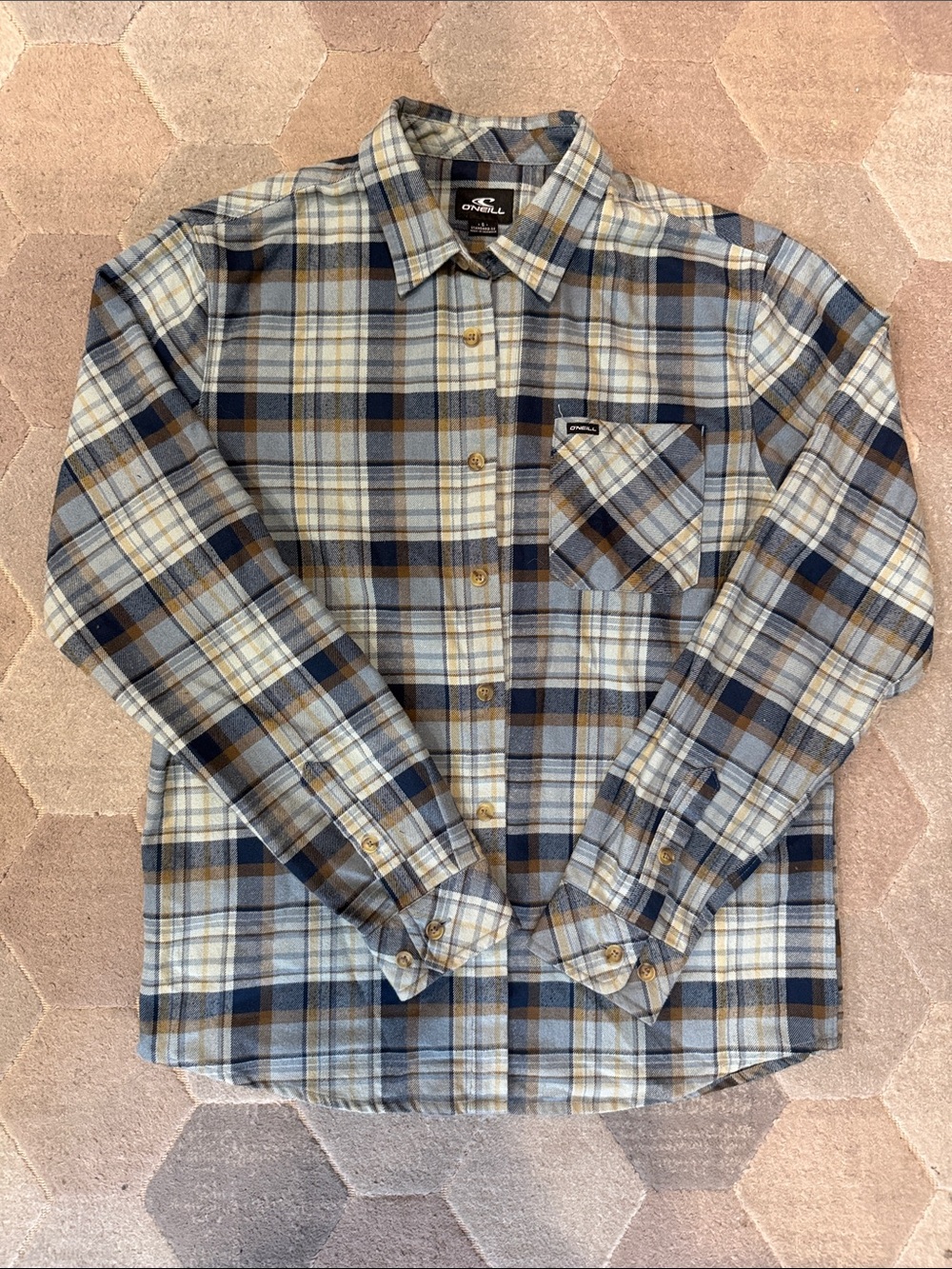 O'Neill Plaid Button-Down Shirt in Blue, Brown, and Cream